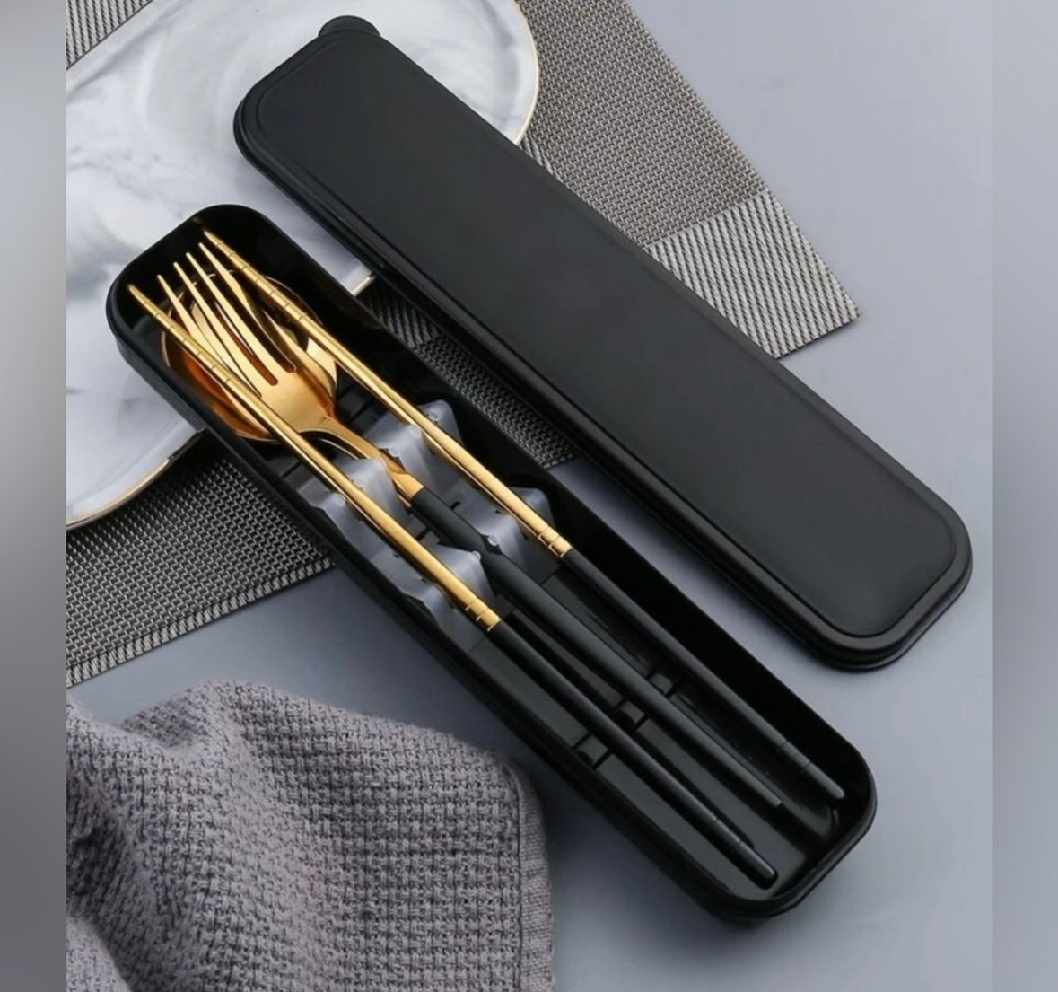 3pcs Stainless Steel Chopsticks Fork/Spoon Set with Travel Case