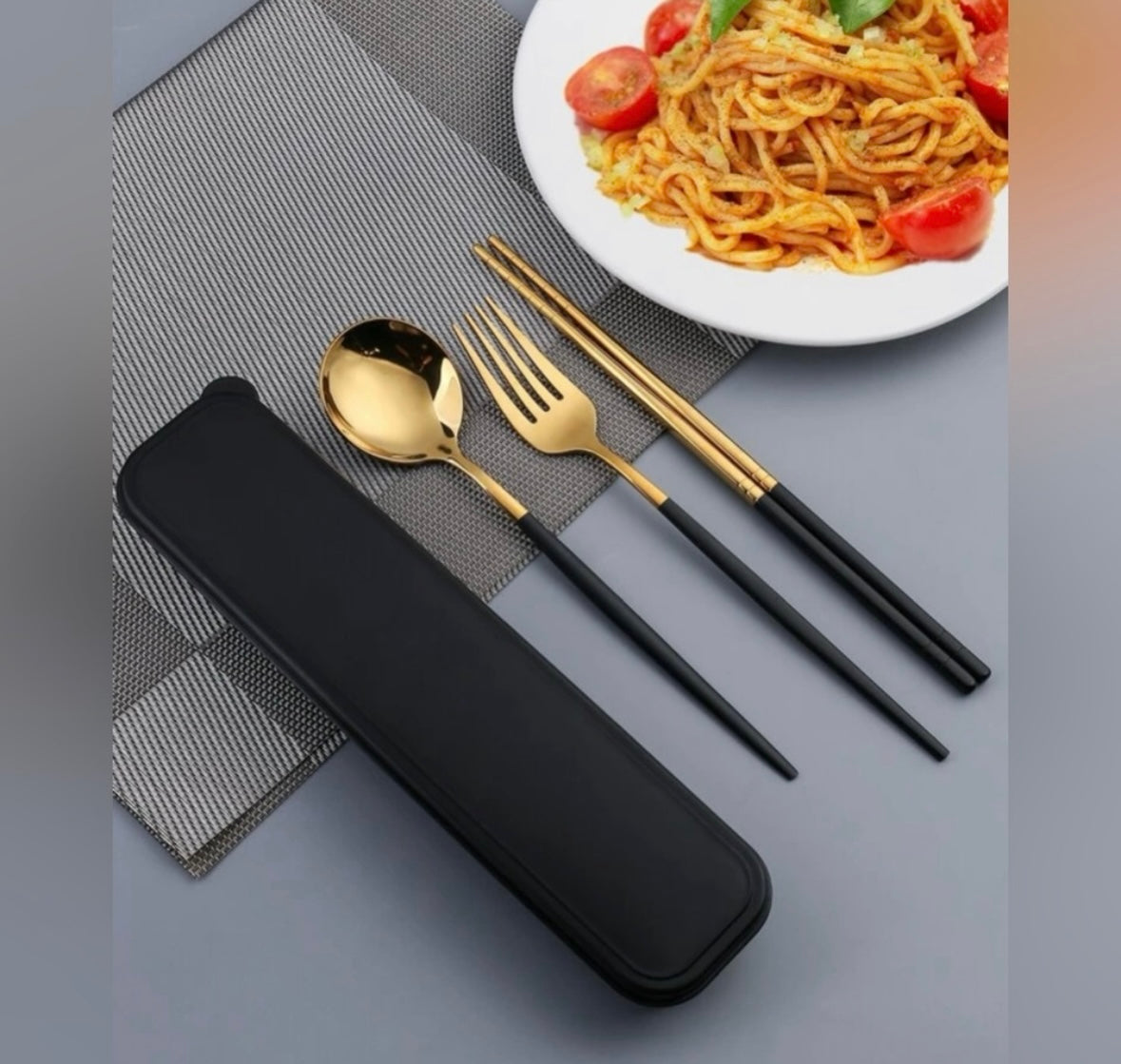 3pcs Stainless Steel Chopsticks Fork/Spoon Set with Travel Case