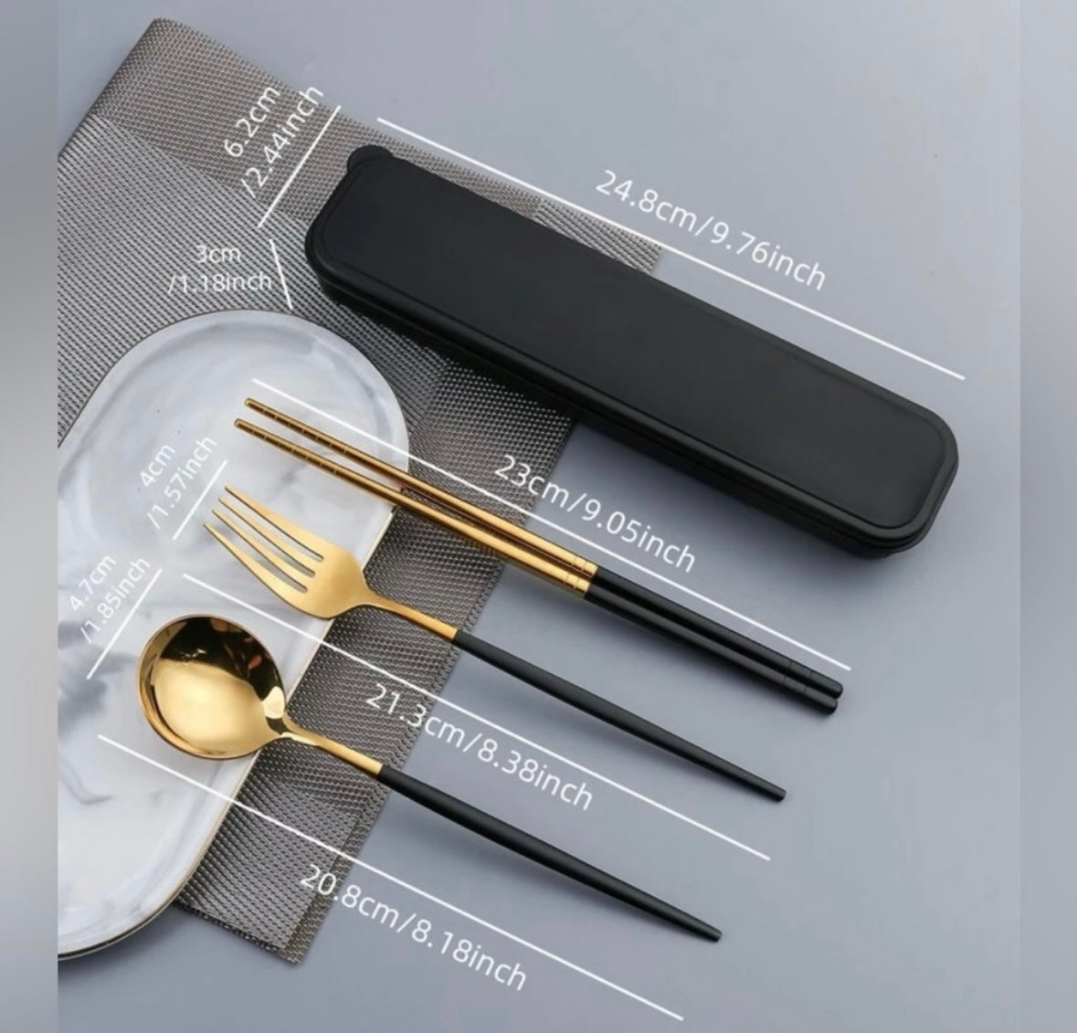 3pcs Stainless Steel Chopsticks Fork/Spoon Set with Travel Case