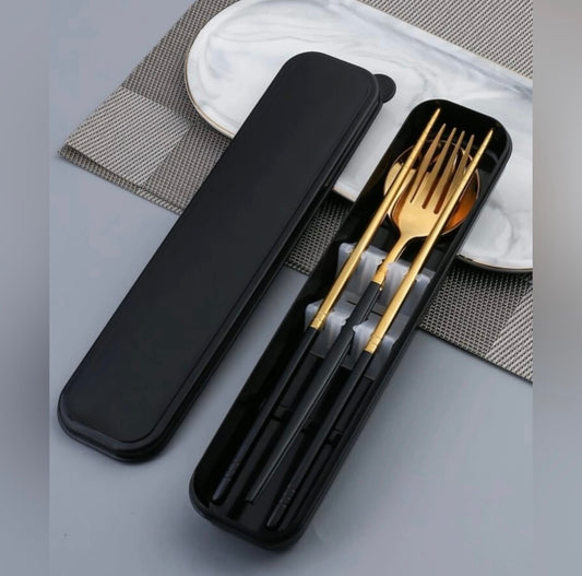3pcs Stainless Steel Chopsticks Fork/Spoon Set with Travel Case