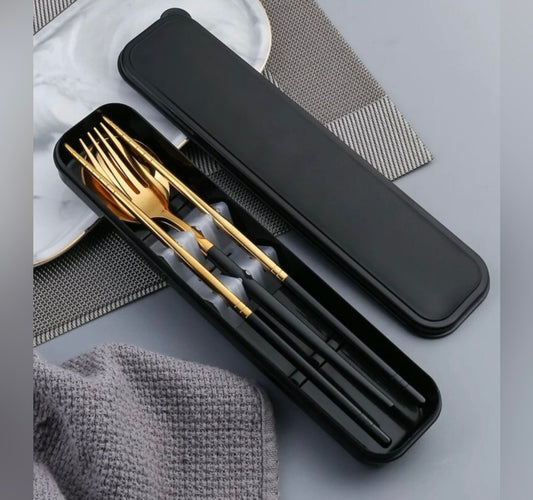 3pcs Stainless Steel Chopsticks Fork/Spoon Set with Travel Case
